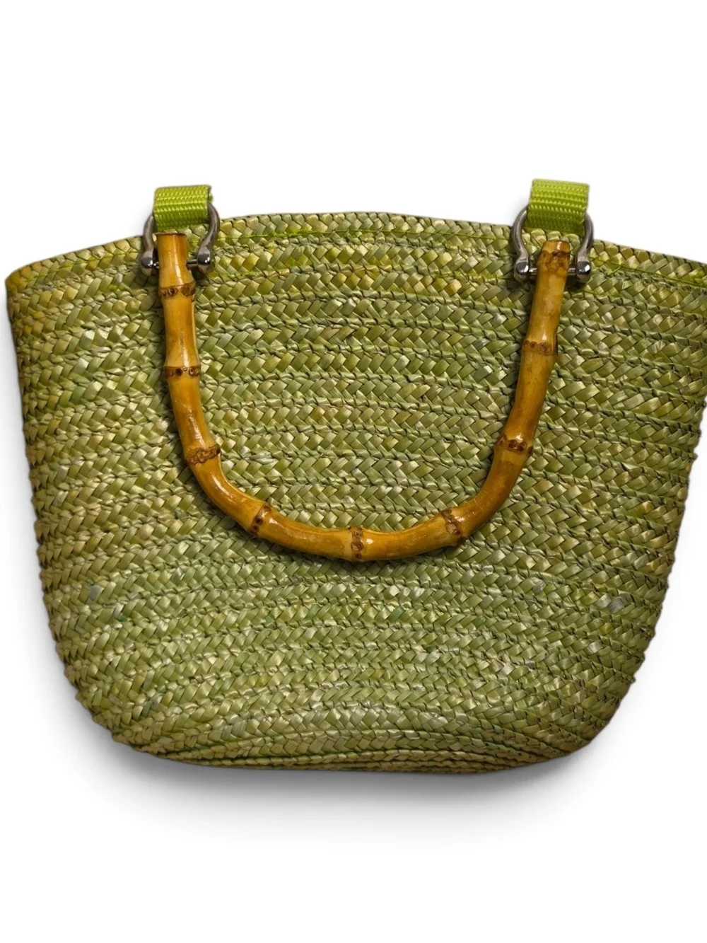 St. John’s Bay Green Woven Straw Bamboo Handle Basket Tote Bag